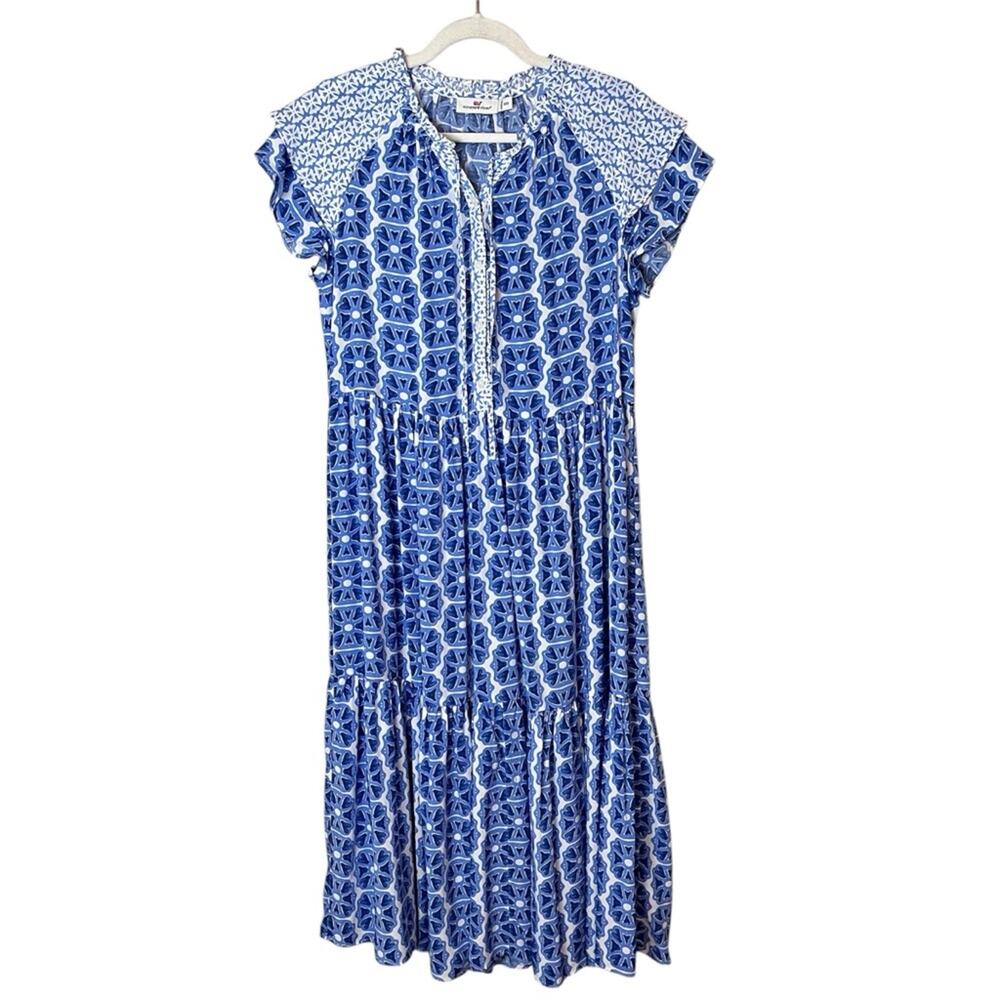 Vineyard Vines Watercolor Geo Print Tiered Ruffle Sleeve Midi Dress Newport Blue